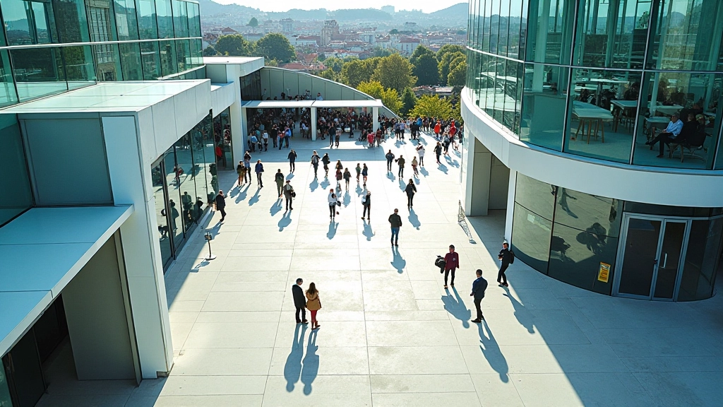 Vista aérea do Parque das Nações durante Web Summit com pavilhões de vidro e multidão de visitantes
