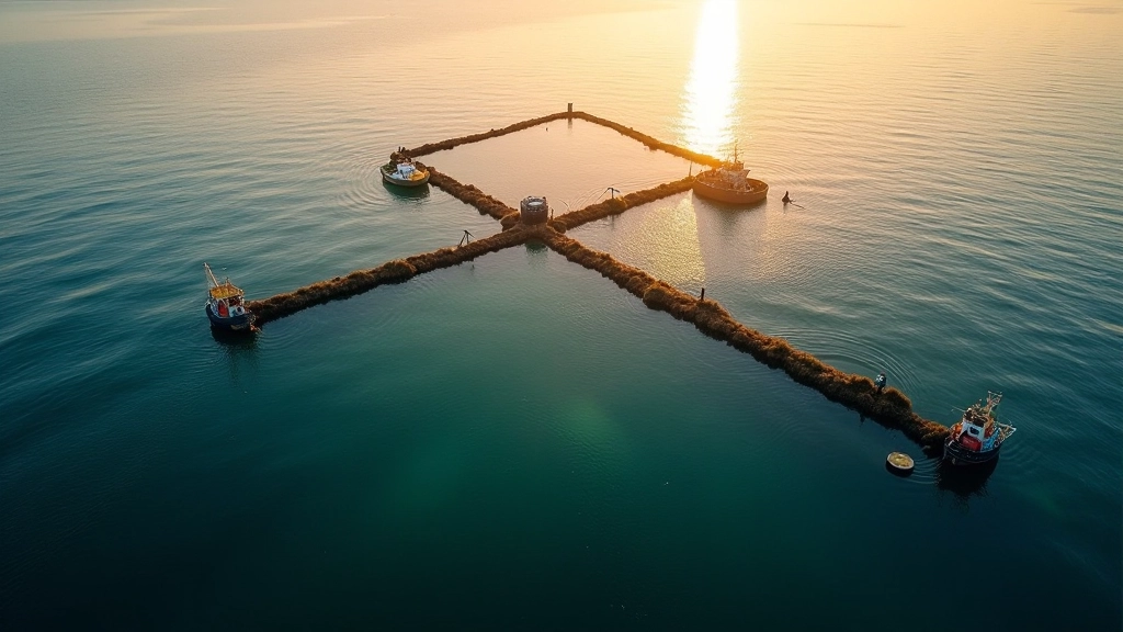 Fazenda de aquacultura sustentável com redes submarinas e monitorização eletrônica, vista aérea ao pôr do sol