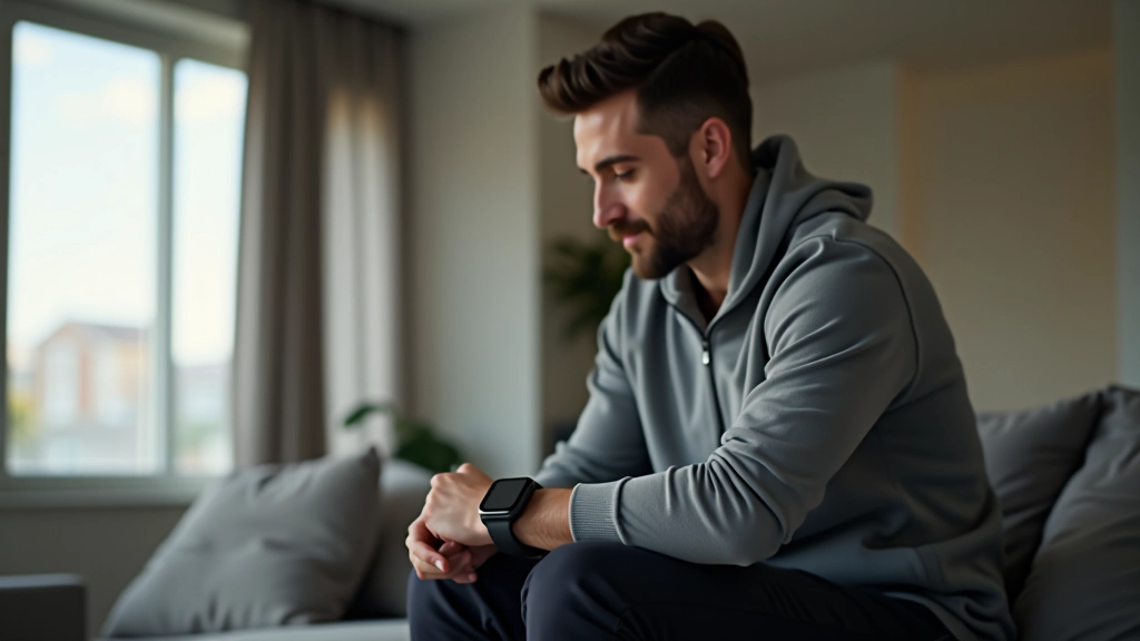 Pessoa usando smartwatch para monitorização de saúde com dashboard de dados biométricos