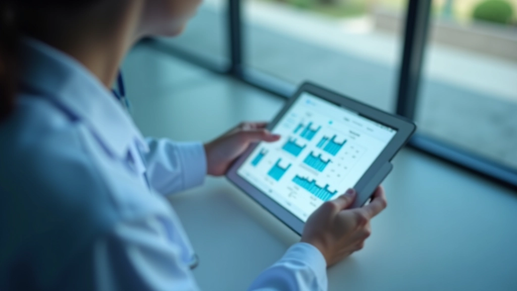 Profissional de saúde digital analisando dados médicos em tablet com gráficos de pacientes