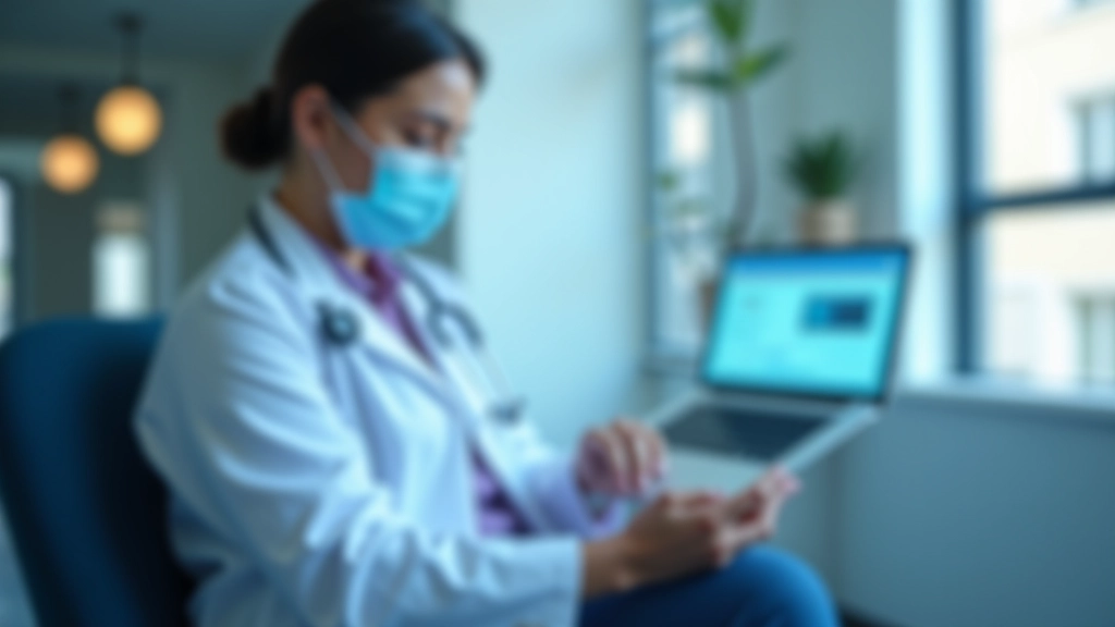 Profissional médico usando tablet em consultório moderno com interface de saúde digital
