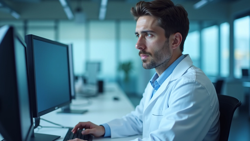 Cientista analisando estrutura molecular em computador com algoritmo de inteligência artificial