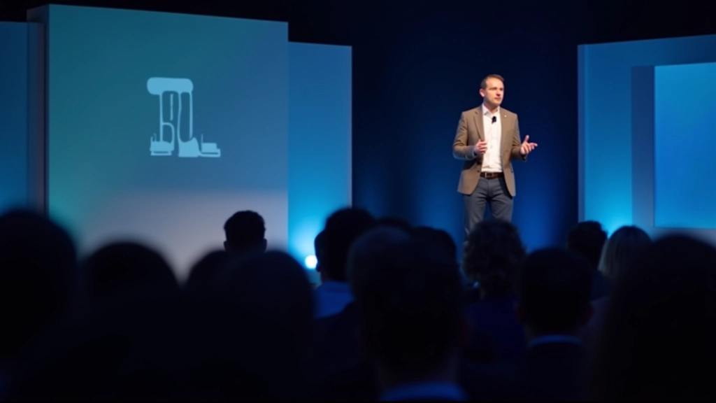 Palestra de especialista em inovação durante Web Summit com slides de apresentação sobre tecnologia