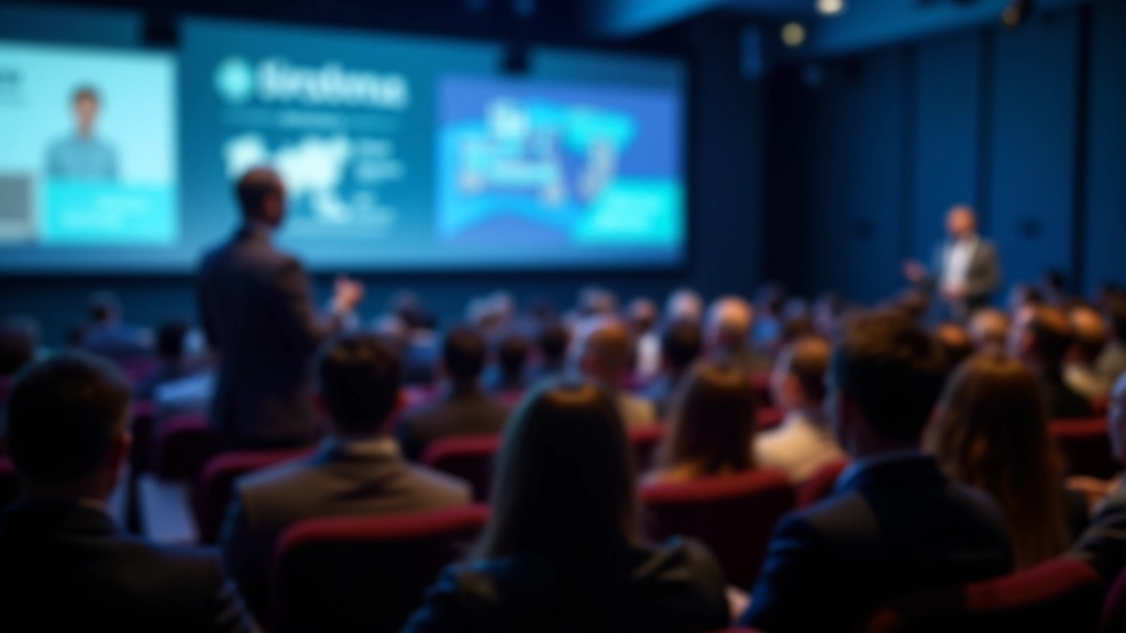 Conferência sobre inovação marinha com apresentador e audiência em auditório moderno, evento profissional