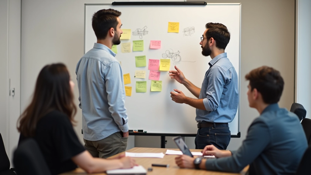 Reunião de equipe startup em escritório moderno com whiteboard e ideias colaborativas